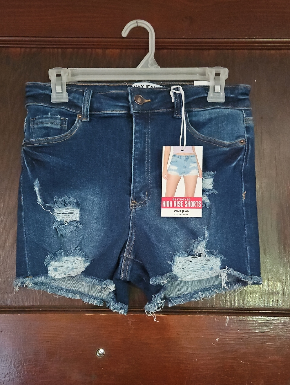 Wax Jean Collection Dark Blue High Waist Distressed Denim Shorts - Size L